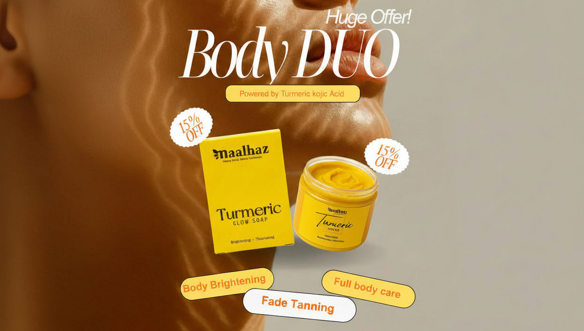 Promotional graphic for a Maalhaz Turmeric Scrub Pack 'Body DUO' set, showing a yellow box and jar of body brightening/tanning scrub against a warm-toned background of a woman's body with wavy tanning lines. Text overlays advertise a 'Huge Offer!' and '15% OFF'.